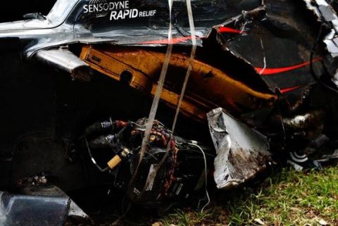 MELBOURNE, AUSTRALIA - MARCH 20:  The wreckage of Fernando Alonso of Spain and McLaren Honda by the side of the track during the Australian Formula One Grand Prix at Albert Park on March 20, 2016 in Melbourne, Australia.  (Photo by Robert Cianflone/Getty Images)