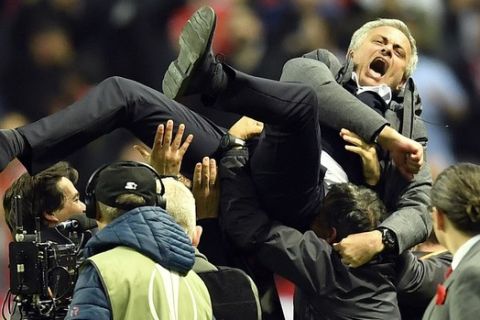 United manager Jose Mourinho celebrates at the end of the soccer Europa League final between Ajax Amsterdam and Manchester United at the Friends Arena in Stockholm, Sweden, Wednesday, May 24, 2017. (AP Photo/Martin Meissner)