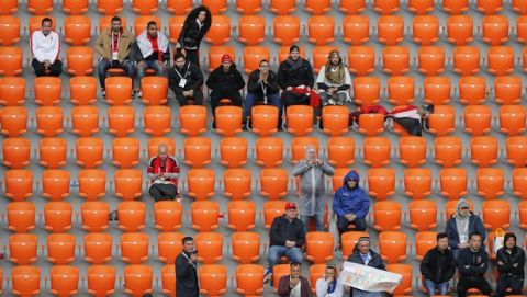 Fans watch the group A match between Egypt and Uruguay at the 2018 soccer World Cup in the Yekaterinburg Arena in Yekaterinburg, Russia, Friday, June 15, 2018. (AP Photo/Vadim Ghirda)