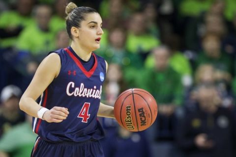 Robert Morris Anna Niki Stamolamprou (4) brings the ball downcourt during a first-round game against Notre Dame in the womens NCAA college basketball tournament, Friday, March 17, 2017, in South Bend, Ind. Notre Dame won 79-49. (AP Photo/Robert Franklin)