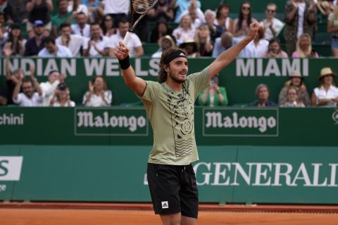 Stefanos Tsitsipas of Greece, celebrates as he defeats Alexander Zverev, of Germany, during their semifinal match of the Monte-Carlo Masters tennis tournament, Saturday, April 16, 2022 in Monaco. Tsitsipas won 6-4, 6-2. (AP Photo/Daniel Cole)