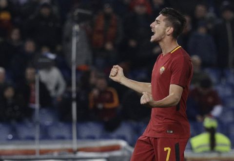 Roma's Lorenzo Pellegrini celebrates after scoring his side's third goal during an Italian Serie A soccer match between AS Roma and Spal, at the Olympic stadium in Rome, Friday, Dec. 1st, 2017. (AP Photo/Gregorio Borgia)