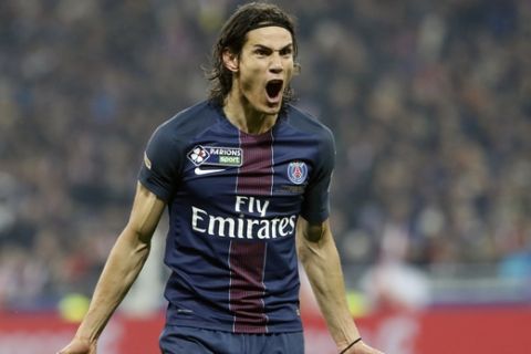 PSG's Roberto Edinson Cavani reacts during the League Cup final soccer match between PSG and Monaco in Decines, near Lyon, central France, Saturday, April 1, 2017. (AP Photo/Laurent Cipriani)