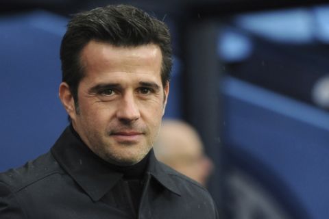 FILE - In this Saturday, Dec. 15, 2018 file photo, Everton manager Marco Silva prior the English Premier League soccer match between Manchester City and Everton at Etihad stadium in Manchester, England. Silva is the latest top-flight coach to come under big pressure, after Evertons slump in results in the league was followed, on Saturday Jan. 26, 2019, by the teams elimination from the FA Cup by an opponent in the lower reaches of the second tier. (AP Photo/Rui Vieira, File)