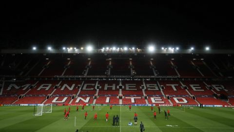 A general view of the Paris Saint Germain training session at Old Trafford, in Manchester, England, Monday, Feb. 11, 2019. Paris Saint Germain will play Manchester United in a Champions League Round of 16 soccer match on Tuesday. (Martin Rickett/PA via AP)