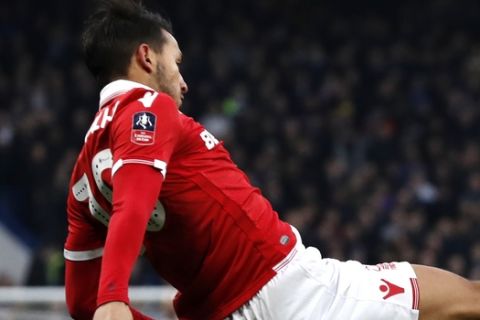 Nottingham Forest's Joao Carvalho, left, vies for the ball with Chelsea's Davide Zappacosta during the English FA Cup third round soccer match between Chelsea and Nottingham Forest at Stamford Bridge in London, Saturday, Jan. 5, 2019. (AP Photo/Alastair Grant)