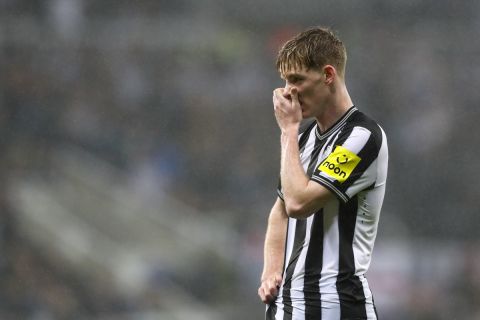Newcastle's Anthony Gordon reacts during the Champions League group F soccer match between Newcastle and Dortmund at St. James' Park, in Newcastle, England, Wednesday, Oct. 25, 2023. (AP Photo/Scott Heppell)