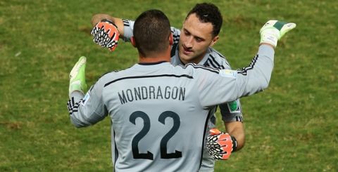 CUIABA, BRAZIL - JUNE 24:  Goalkeeper Faryd Mondragon of Colombia substitutes David Ospina during the 2014 FIFA World Cup Brazil Group C match between Japan and Colombia at Arena Pantanal on June 24, 2014 in Cuiaba, Brazil. Mondragon became the oldest player to play at the World Cup aged 43 years and 3 days.  (Photo by Warren Little/Getty Images)