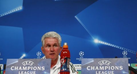 Bayern coach Jupp Heynckes attends a news conference in Munich, Germany, Tuesday, April 24, 2018. FC Bayern Munich will face Real Madrid for a Champions League semi final first leg soccer match in Munich on Wednesday, April 25, 2018. (AP Photo/Matthias Schrader)