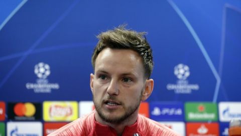 FC Barcelona's Ivan Rakitic attends a press conference at the Sports Center FC Barcelona Joan Gamper in Sant Joan Despi, Spain, Tuesday, April 30, 2019. FC Barcelona will play against Liverpool in a first leg semifinal Champions League soccer match on Wednesday, May 1. (AP Photo/Manu Fernandez)