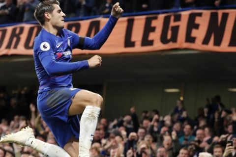 Chelsea's Alvaro Morata celebrates after scoring the opening goal during the English Premier League soccer match between Chelsea and Crystal Palace at Stamford Bridge stadium in London, Sunday, Nov. 4, 2018. (AP Photo/Frank Augstein)