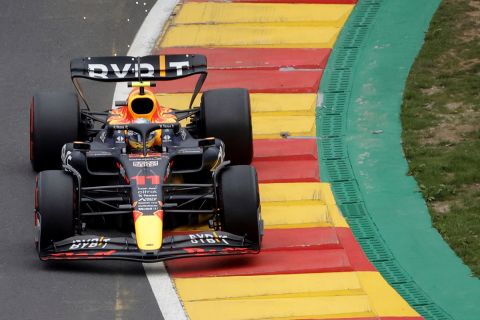 Red Bull driver Sergio Perez of Mexico steers his car during the third practice session ahead of the Formula One Grand Prix at the Spa-Francorchamps racetrack in Spa, Belgium, Saturday, Aug. 27, 2022. The Belgian Formula One Grand Prix will take place on Sunday. (AP Photo/Olivier Matthys)