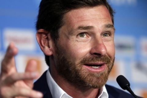 FILE - In this Wednesday, May 29, 2019 file photo Olympique Marseille new coach Andre Villas-Boas speaks with the medias during a press conference, in Marseille, southern France. (AP Photo/Claude Paris, File)