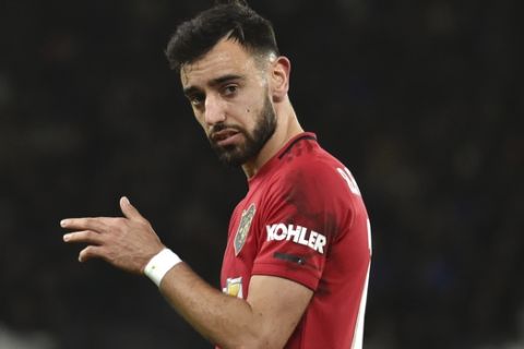 Manchester United's Bruno Fernandes during the FA Cup fifth round soccer match between Derby County and Manchester United at Pride Park in Derby, England, Thursday, March 5, 2020. (AP Photo/Rui Vieira)