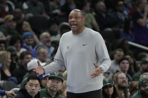 Milwaukee Bucks head coach Doc Rivers reacts during the second half of an NBA basketball game against the Denver Nuggets Monday, Feb. 12, 2024, in Milwaukee. (AP Photo/Morry Gash)