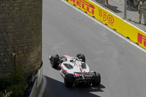Haas driver Mick Schumacher of Germany steers his car during the first free practice at the Baku circuit, in Baku, Azerbaijan, Friday, June 10, 2022. The Formula One Grand Prix will be held on Sunday. (AP Photo/Sergei Grits)