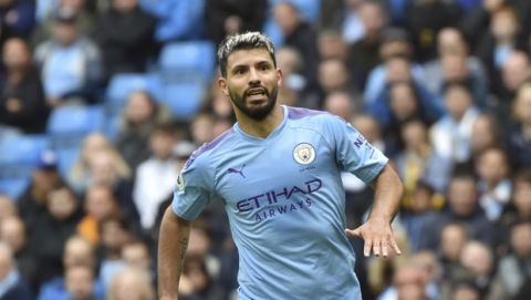 Manchester City's Sergio Aguero during the English Premier League soccer match between Manchester City and Wolverhampton Wanderers at Etihad stadium in Manchester, England, Sunday, Oct. 6, 2019. (AP Photo/Rui Vieira)