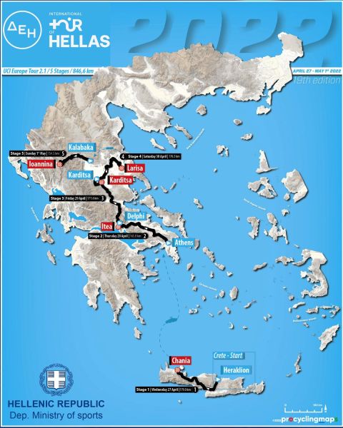Ο χάρτης με τα πέντε ετάπ του Διεθνούς Ποδηλατικού Γύρου Ελλάδας.