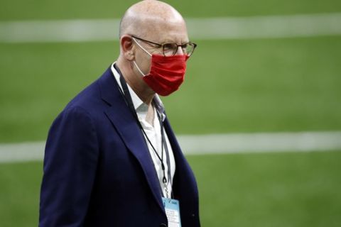 Tampa Bay Buccaneers owner Joel Glazer is seen before an NFL football game against the New Orleans Saints, Sunday, Sept. 13, 2020, in New Orleans. (AP Photo/Tyler Kaufman)