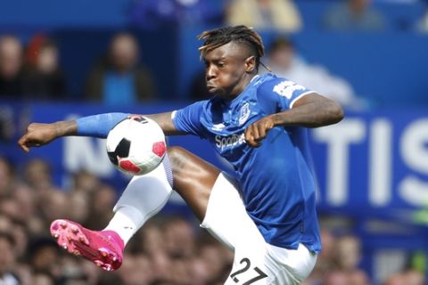 Everton's Moise Kean controls the ball during the English Premier League soccer match between Everton and Wolverhampton Wanderers at Goodison Park in Liverpool, England, Sunday, Sept 1, 2019. (AP Photo/Rui Vieira)