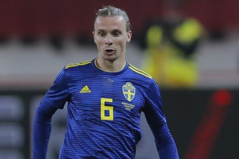 Sweden's Niklas Hult takes a during an international friendly soccer match between Romania and Sweden on the Ion Oblemenco stadium in Craiova, Romania, Tuesday, March 27, 2018.(AP Photo/Vadim Ghirda)