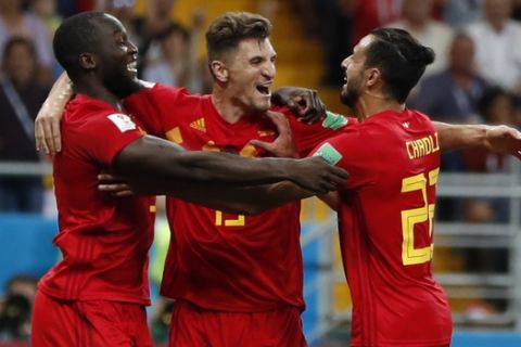 Belgium's Nacer Chadli, third left, celebrates with teammates after scoring their side's third goal during the round of 16 match between Belgium and Japan at the 2018 soccer World Cup in the Rostov Arena, in Rostov-on-Don, Russia, Monday, July 2, 2018. Chadli scored once in Belgium's 3-2 victory. (AP Photo/Natacha Pisarenko)