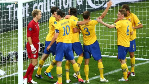 KIEV, UKRAINE - JUNE 15:  Sweden celebrate after Olof Mellberg of Sweden scored their second goal  goal during the UEFA EURO 2012 group D match between Sweden and England at The Olympic Stadium on June 15, 2012 in Kiev, Ukraine.  (Photo by Martin Rose/Getty Images)
