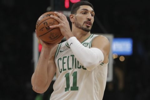 Boston Celtics center Enes Kanter (11) during the first quarter of an NBA basketball game in Boston, Monday, Nov. 11, 2019. (AP Photo/Charles Krupa)