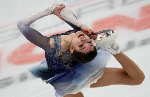 FILE - In this Thursday, Jan. 18, 2018, file photo, Evgenia Medvedeva, of Russia, skates her short program at the European figure skating championships in Moscow, Russia. This seemed to be the province of Medvedeva, the Russian dynamo who won the last two world titles and was undefeated since 2015. But in her final major competition before Pyeongchang, she lost to 15-year-old training partner Alina Zagitova at the European Championships. In Moscow, no less. (AP Photo/Pavel Golovkin, File)
