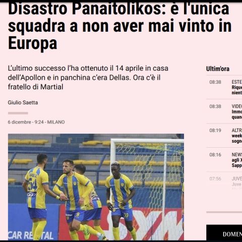 Παναιτωλικός: Η "Gazzetta dello Sport" αναφέρεται στους δίχως νίκη Αγρινιώτες