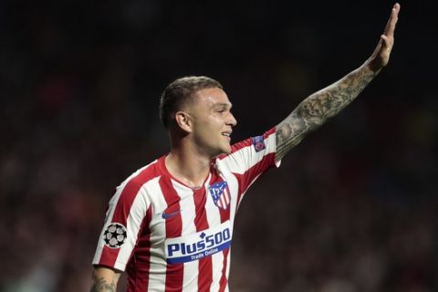Atletico Madrid's Kieran Trippier gestures during the Champions League Group D soccer match between Atletico Madrid and Juventus at the Wanda Metropolitano stadium in Madrid, Spain, Wednesday, Sept. 18, 2019. (AP Photo/Bernat Armangue)