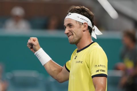 Casper Ruud, of Norway, celebrates after defeating Alexander Zverev, of Germany, during the Miami Open tennis tournament Wednesday, March 30, 2022, in Miami Gardens, Fla. (AP Photo/Marta Lavandier)