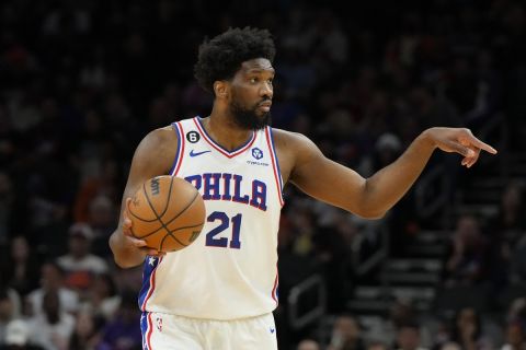 Philadelphia 76ers center Joel Embiid (21) during the first half of an NBA basketball game against the Phoenix Suns, Saturday, March 25, 2023, in Phoenix. (AP Photo/Rick Scuteri)