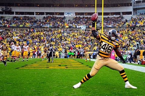 Oct 28, 2012; Pittsburgh , PA, USA; Pittsburgh Steelers fullback Will Johnson (46) celebrates his touchdown against the Washington Redskins during the second half of the game at Heinz Field. The Steelers won the game, 27-12. Mandatory Credit: Jason Bridge-US PRESSWIRE