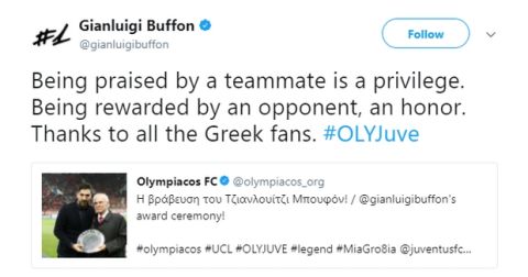 Το "ευχαριστώ" του Μπουφόν στον Ολυμπιακό και τους Έλληνες