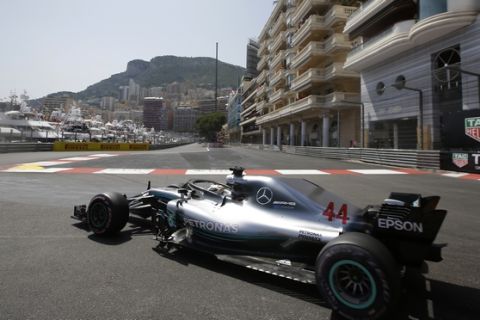 Britain driver Lewis Hamilton steers his Mercedes during the qualifying session at the Monaco racetrack, in Monaco, Saturday, May 26, 2018. The Formula one race will be held on Sunday. (AP Photo/Luca Bruno)