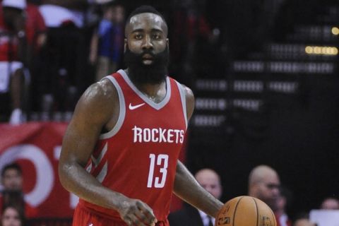 Houston Rockets guard James Harden (13) is shown during an NBA basketball game Saturday, Oct. 21, 2017, in Houston. (AP Photo/George Bridges)