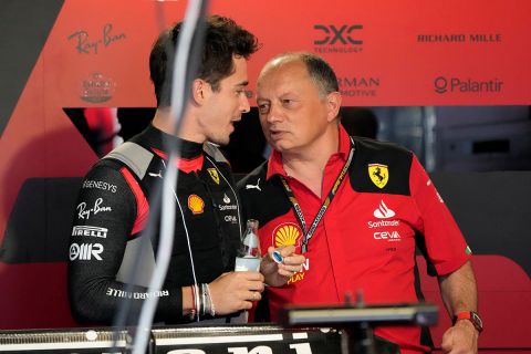 Ferrari driver Charles Leclerc of Monaco, left, talks with team principal Fred Vasseur, right, before the first practice session for the Formula One Miami Grand Prix auto race, Friday, May 5, 2023, at the Miami International Autodrome in Miami Gardens, Fla. (AP Photo/Lynne Sladky)