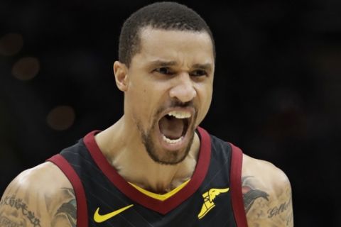 Cleveland Cavaliers' George Hill reacts in the second half of Game 7 of an NBA basketball first-round playoff series against the Indiana Pacers, Sunday, April 29, 2018, in Cleveland. The Cavaliers won 105-101.(AP Photo/Tony Dejak)