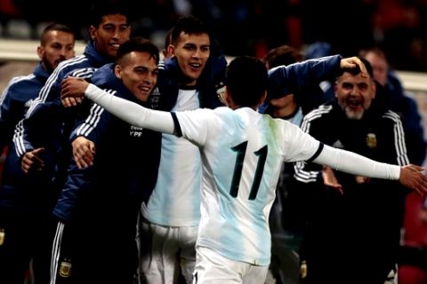 Argentina's Angel Correa celebrates after scoring during an international friendly soccer match between Morocco and Argentina in Tangier, Morocco, Tuesday, March 26, 2019. (AP Photo/Mosa'ab Elshamy)