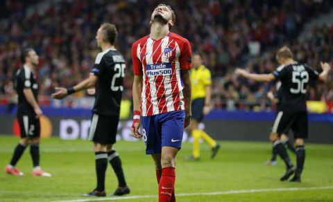 Atletico's Saul Niguez reacts during a Group C Champions League soccer match between Atletico Madrid and Qarabag at the Metropolitano stadium in Madrid, Spain, Tuesday, Oct. 31, 2017. (AP Photo/Paul White)