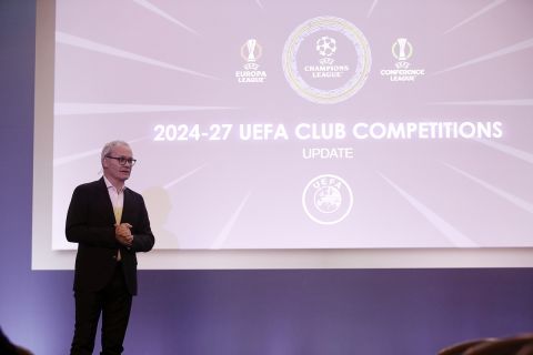 Ο αναπληρωτής γενικός γραμματέας της UEFA, Τζιόρτζιο Μαρκέτι, κατά την παρουσίαση του νέου φορμάτ των ευρωπαϊκών διοργανώσεων από το 2024 | Τρίτη 26 Μαρτίου 2024