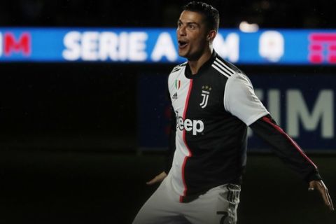 Juventus' Cristiano Ronaldo celebrates at the end of the Serie A soccer match between Juventus and Atalanta at the Allianz stadium, in Turin, Italy, Sunday, May 19, 2019. (AP Photo/Antonio Calanni)