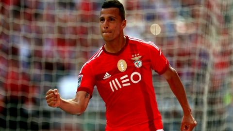 Benfica's Lima Santos, from Brazil, celebrates after scoring the opening goal against Penafiel during the Portuguese league soccer match between Benfica and Penafiel at Benfica's Luz stadium, in Lisbon, Portugal, Saturday, May 9, 2015. (AP Photo/Francisco Seco)