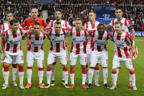 Red Star players pose before the Champions League Group C soccer match between Paris Saint-Germain and Red Star at Parc des Prince stadium in Paris, Wednesday, Oct. 3, 2018. (AP Photo/Thibault Camus)