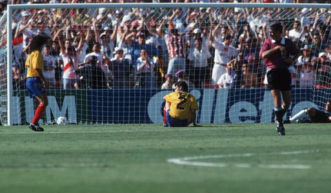 LOS ANGELES, UNITED STATES - JUNE 22: Andres Escobar (C) of Colombia reacts after scoring an own goal during the World Cup group A match between USA and Colombia on June 22, 1994 in Los Angeles, United States. (Photo by Michael Kunkel/Bongarts/Getty Images)
