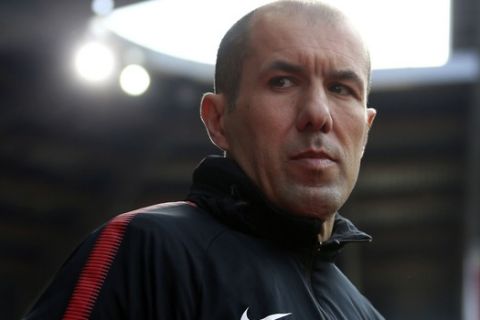 Monaco's head coach Leonardo Jardim looks on prior to his French League One soccer match against Rennes, in Rennes, western France, Wednesday, April 4, 2018.(AP Photo/David Vincent)