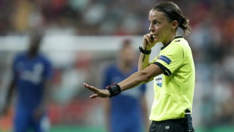 Referee Stephanie Frappart gestures during the UEFA Super Cup soccer match between Liverpool and Chelsea, in Besiktas Park, in Istanbul, Wednesday, Aug. 14, 2019. (AP Photo/Thanassis Stavrakis)