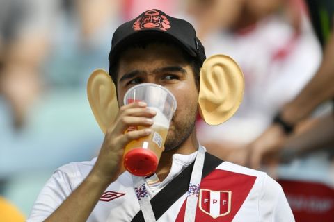 A Peru fan drinks beer prior to the group C match between Australia and Peru, at the 2018 soccer World Cup in the Fisht Stadium in Sochi, Russia, Tuesday, June 26, 2018. (AP Photo/Martin Meissner)