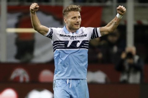 Lazio's Ciro Immobile reacts after the Italian Cup, second leg semifinal soccer match between AC Milan and Lazio, at the San Siro stadium, in Milan, Italy, Wednesday, April 24, 2019. Lazio won 1-0. (AP Photo/Luca Bruno)